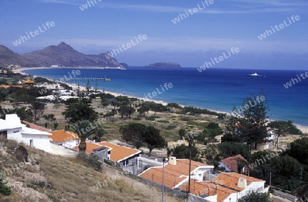 Das Dorf Vila Baleira auf der Insel Porto Santo bei der Insel Madeira im Atlantischen Ozean, Portugal.