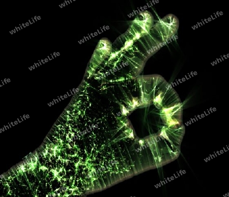 3D-Illustration of a glowing human male hand with a kirlian aura showing different symbols.