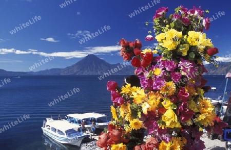 The Lake Atitlan mit the Volcanos of Toliman and San Pedro in the back at the Town of Panajachel in Guatemala in central America.   