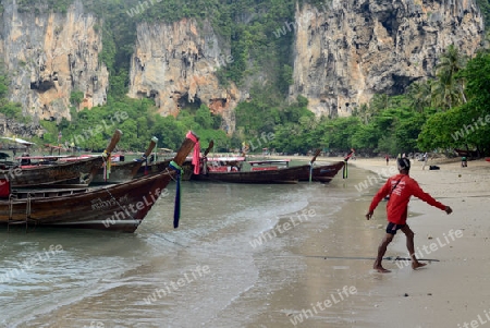 The Hat Tom Sai Beach at Railay near Ao Nang outside of the City of Krabi on the Andaman Sea in the south of Thailand. 