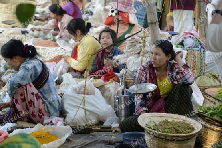 The Market in the village of Ywama at the Inle Lake in the Shan State in the east of Myanmar in Southeastasia.