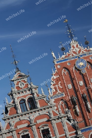 Die Petrikirche und das Schwarzhaeupterhaus in der Altstadt von Riga der Hauptststadt von Lettland im Baltikum in Osteuropa.  