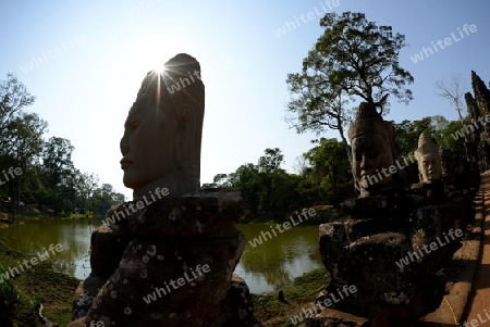 The Bridge at the Angkor Tom Gate in the Temple City of Angkor near the City of Siem Riep in the west of Cambodia.