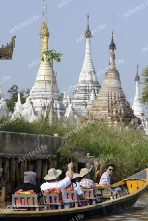 a Taxi Boat transport in a Village near the city of Nyaungshwe at the Inle Lake in the Shan State in the east of Myanmar in Southeastasia.