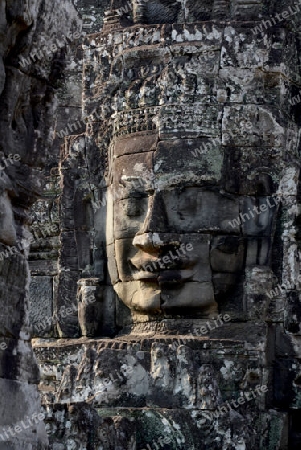 Stone Faces the Tempel Ruin of Angkor Thom in the Temple City of Angkor near the City of Siem Riep in the west of Cambodia.