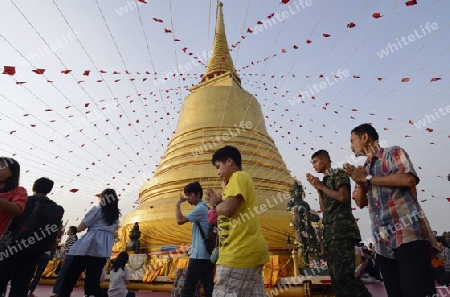 Die Tempelanlage des Goldenen Berg in der Hauptstadt Bangkok von Thailand in Suedostasien.