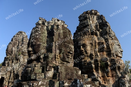 Stone Faces the Tempel Ruin of Angkor Thom in the Temple City of Angkor near the City of Siem Riep in the west of Cambodia.