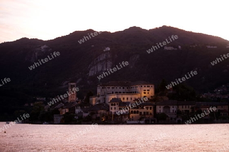 The Isla San Giulio in the Ortasee outside of the Fishingvillage of Orta on the Lake Orta in the Lombardia  in north Italy. 