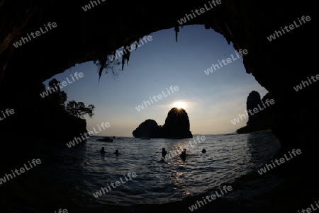 The Hat Phra Nang Beach at Railay near Ao Nang outside of the City of Krabi on the Andaman Sea in the south of Thailand. 