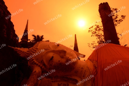 The Wat Yai Chai Mongkol Temple in City of Ayutthaya in the north of Bangkok in Thailand, Southeastasia.