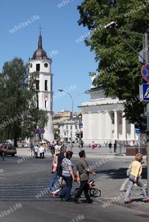 The old Town of the City Vilnius with the clocktower and the Johanneschurch  in the Baltic State of Lithuania,  