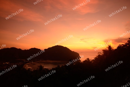 The view from the Viewpoint on the Town of Ko PhiPhi on Ko Phi Phi Island outside of the City of Krabi on the Andaman Sea in the south of Thailand. 