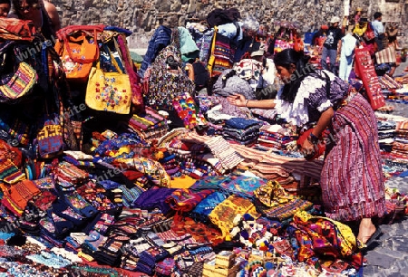 a indio market in the old town in the city of Antigua in Guatemala in central America.   