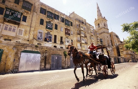 A Hosewagon in the Old Town of the city of Valletta on the Island of Malta in the Mediterranean Sea in Europe.
