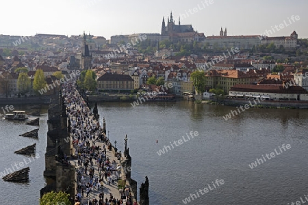 Blick vom Altstaedter Turm ueber die Karlsbr?cke zur Kleinseite, Veitsdom ,  Prag, Boehmen, Tschechien, Europa