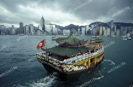 a traditional Boat in the harbour of Kowloon in Hong Kong in the south of China in Asia.