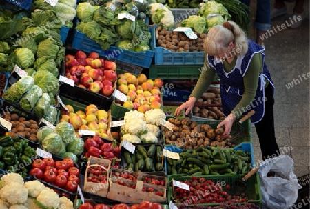 Der Markt in der Markthalle in der Altstadt von Wroclaw oder Breslau im westen von Polen.