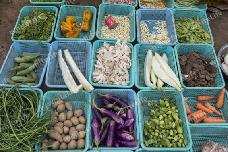  a Street fegetable and Food market in the City of Mandalay in Myanmar in Southeastasia.