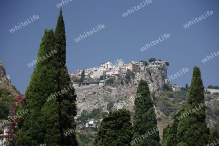 The mountain Village of  Castelmola over the old Town of  Taormina in Sicily in south Italy in Europe.