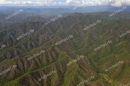 Sicht von einem Flugzeug auf dem Flug von Chiang Mai ins Dorf Mae Hong Son im norden von Thailand in Suedostasien.