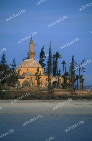 Die Moschee Chala Sultan Tekke am Salzsee in Larnaka im sueden von Zypern im Mittelmeer. 