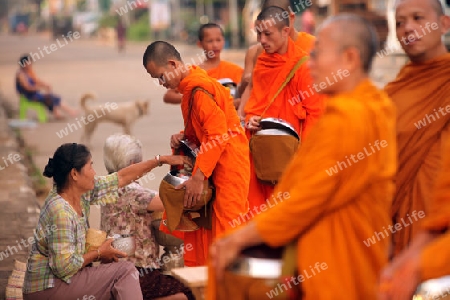 Moenche auf ihrem Rundgang am fruehem Morgen vor dem Tempel in der Stadt Tha Khaek in zentral Laos an der Grenze zu Thailand in Suedostasien.