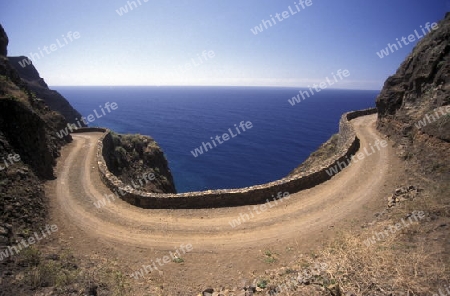 The coast near Ribeira Grande on the Island of Santo Antao in Cape Berde in the Atlantic Ocean in Africa.