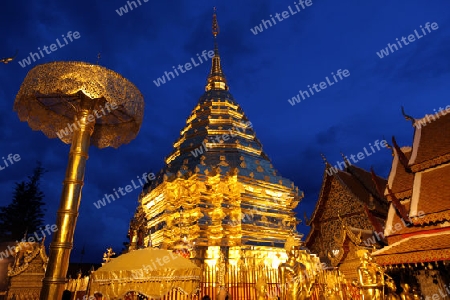 Der Chedi der Tempel Anlage des Wat Phra That Doi Suthep bei Chiang Mai in der Provinz Chiang Mai im Norden von Thailand in Suedostasien.