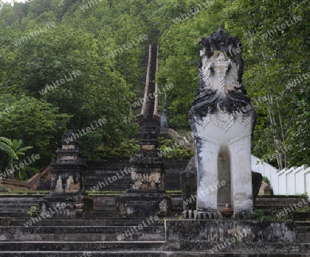 Der untere Teil des Tempel Wat Phra That Doi Kong Mu ueber dem Dorf Mae Hong Son im norden von Thailand in Suedostasien.