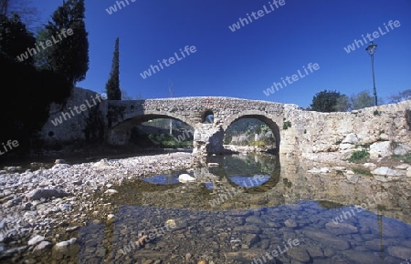 Die alte Steinbruecke im Dorf Pollenca  im Februar im Osten der Insel Mallorca einer der Balearen Inseln im Mittelmeer.     