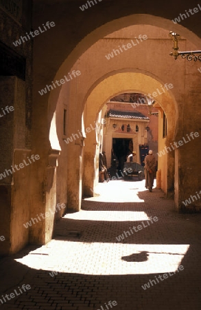 The Old Town near the Djemma del Fna Square in the old town of Marrakesh in Morocco in North Africa.
