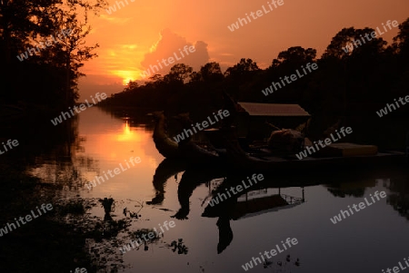 The River at the Bridge of Angkor Thom in the Temple City of Angkor near the City of Siem Riep in the west of Cambodia.