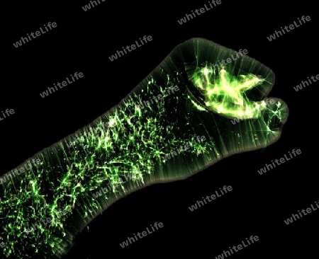 3D-Illustration of a glowing human male hand with a kirlian aura showing different symbols.