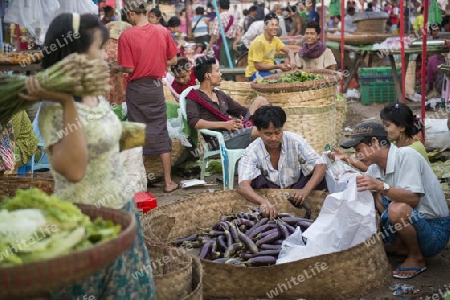 a fegetable market in a Market near the City of Yangon in Myanmar in Southeastasia.