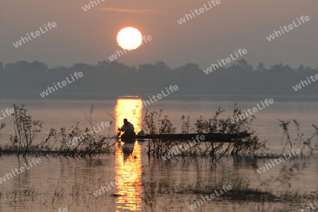 Ein Fischer auf dem See in Amnat Charoen im Isan im osten von Thailand,