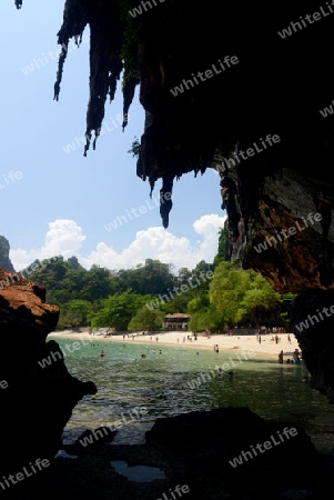 The Hat Phra Nang Beach at Railay near Ao Nang outside of the City of Krabi on the Andaman Sea in the south of Thailand. 