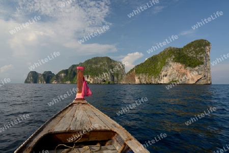 a Boat on the way to Maya Beach  near the Ko Phi Phi Island outside of the City of Krabi on the Andaman Sea in the south of Thailand. 