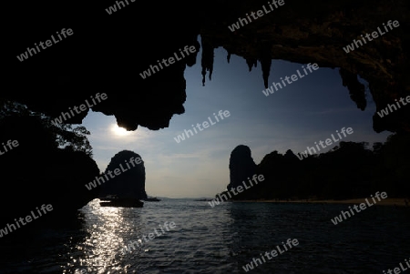 The Hat Phra Nang Beach at Railay near Ao Nang outside of the City of Krabi on the Andaman Sea in the south of Thailand. 