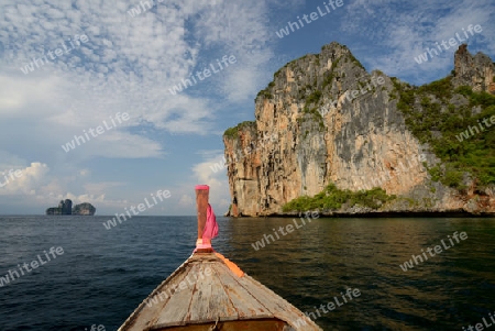 a Boat on the way to Maya Beach  near the Ko Phi Phi Island outside of the City of Krabi on the Andaman Sea in the south of Thailand. 