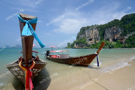 The Hat Tom Sai Beach at Railay near Ao Nang outside of the City of Krabi on the Andaman Sea in the south of Thailand. 