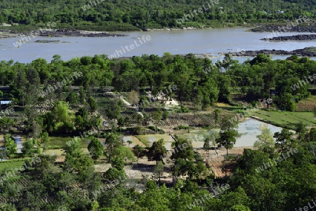 Die Landschaft mit Sicht auf den Mekong River vom Pha Taem Nationalpark bei Khong Chiam in der Umgebung von Ubon Ratchathani im nordosten von Thailand in Suedostasien.