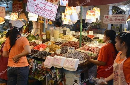 the food market at the Maeklong Railway Markt at the Maeklong railway station  near the city of Bangkok in Thailand in Suedostasien.