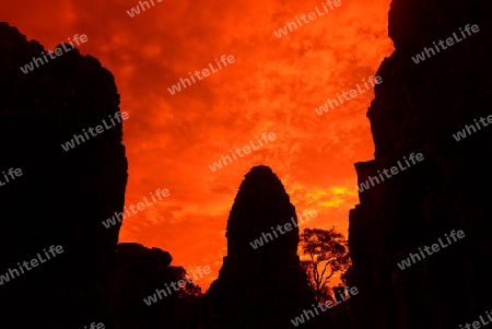 Stone Faces the Tempel Ruin of Angkor Thom in the Temple City of Angkor near the City of Siem Riep in the west of Cambodia.