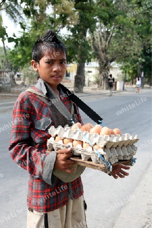 Ein Junge beim Eier verkaufen in Manatuto an der Nordkueste von Ost Timor auf der in zwei getrennten Insel Timor in Asien