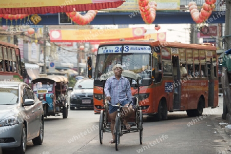 Bicycle Ricksha Taxis at the morning Market in Nothaburi in the north of city of Bangkok in Thailand in Southeastasia.