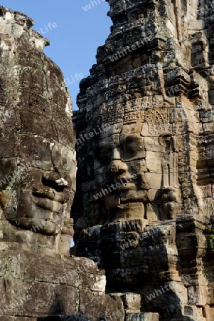 Stone Faces the Tempel Ruin of Angkor Thom in the Temple City of Angkor near the City of Siem Riep in the west of Cambodia.