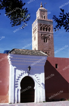 The Mosque Koutoubia in the old town of Marrakesh in Morocco in North Africa.
