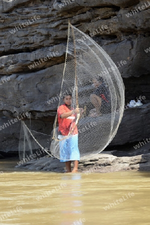 Ein Fischer in der Steinlandschaft im Mekong River des Naturpark Sam Phan Bok bei Lakhon Pheng am Mekong River in der Provinz Amnat Charoen nordwestlich von Ubon Ratchathani im nordosten von Thailand in Suedostasien.
