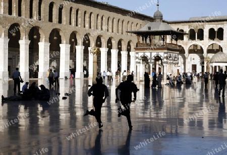 Asien, Naher Osten, Syrien, Damaskus,   Der Innenhof der  Omaijad Moschee im Souq und Altstadt von Damaskus in der Hauptstadt von Syrien. 