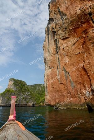 a Boat on the way to Maya Beach  near the Ko Phi Phi Island outside of the City of Krabi on the Andaman Sea in the south of Thailand. 